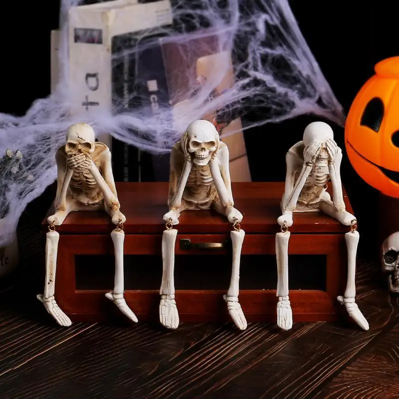 [S]3 Pcs Resin See Hear Speak No Skeleton Figurines With Dangling Legs For Halloween Decor