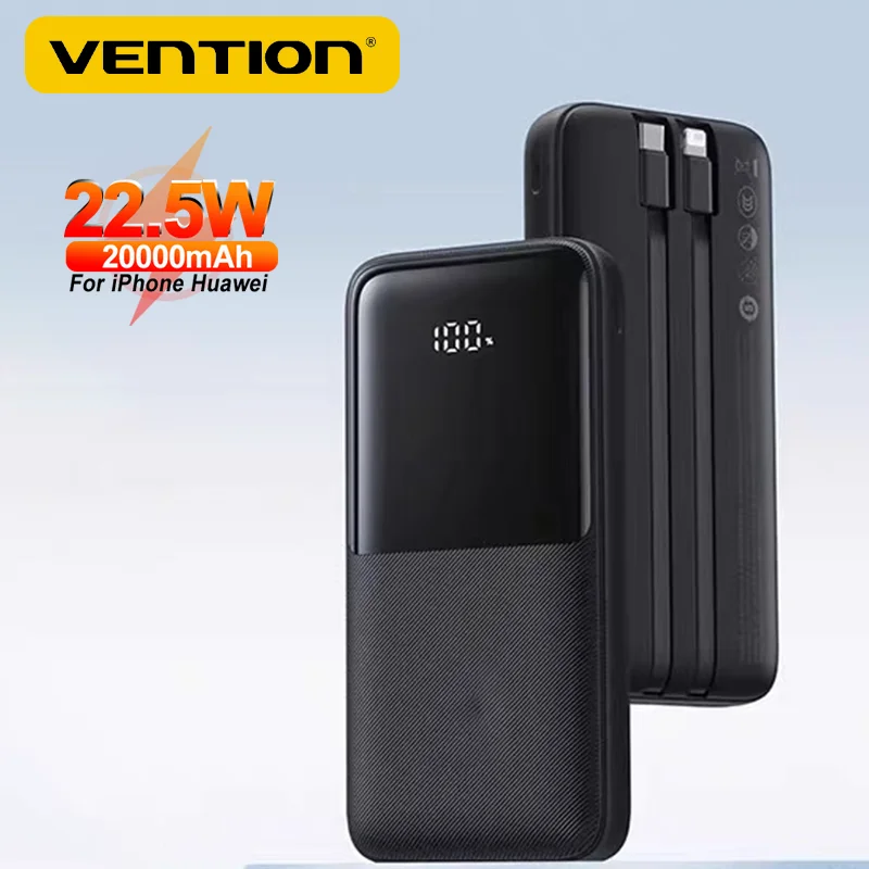 Vention Power Bank 20000mAh Portable Powerbanks Built-in Cables Fast Charging External Battery Charger For iPhone Samsung Huawei