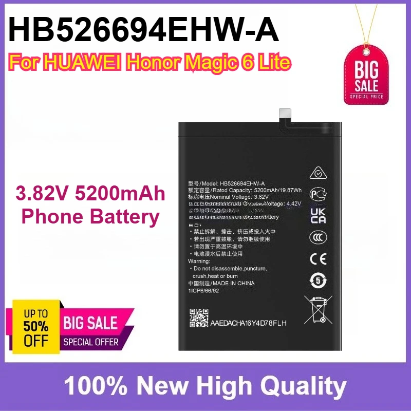 New Phone Battery HB526694EHW-A 3.82V 5200mAh For HUAWEI Honor Magic 6 Lite High Quality Replaceable Battery