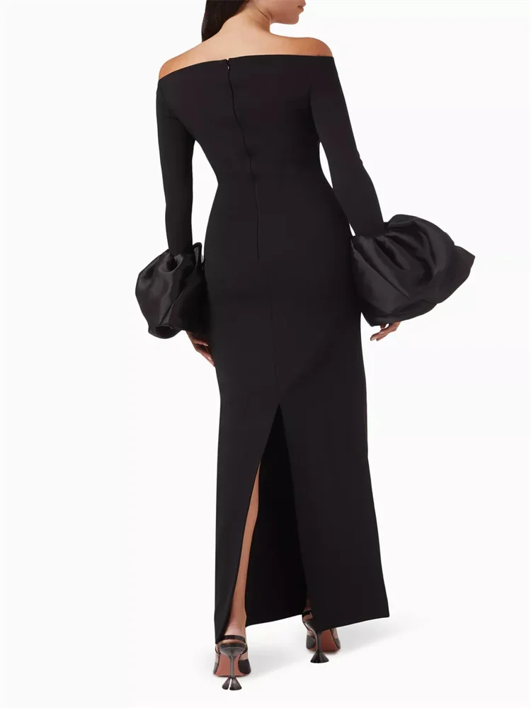 Hot Selling Off Shoulder Neckline Long Sleeves Puff Cuffs Sheath Evening Dress Elegant Back Zipper Floor Length Gown For Women