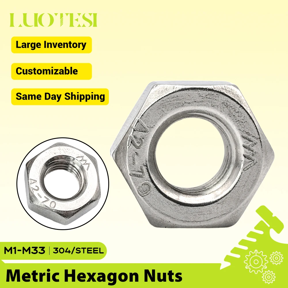 Metric Hexagon Nut 304 Stainless Steel M1.2 M1.4 M1.6 M2 M2.5 M3 M4 M5 M6 M8 M10 M12 M16 M20 M24 Nickel Plated Hex Nuts DIN934
