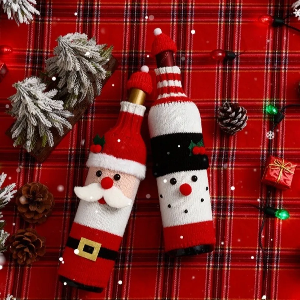 Christmas Knitted Wine Bottle Cover with Mini Santa Hat Santa Claus Snowman Reindeer Knitted Bottle Covers Holiday Decoration