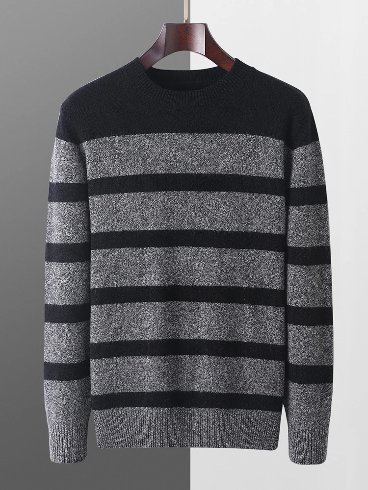 

New Autumn and Winter Sweater Men's Round Neck Knitted Pullover 100% Pure Wool Striped Contrasting Long Sleeved Men's Sweater