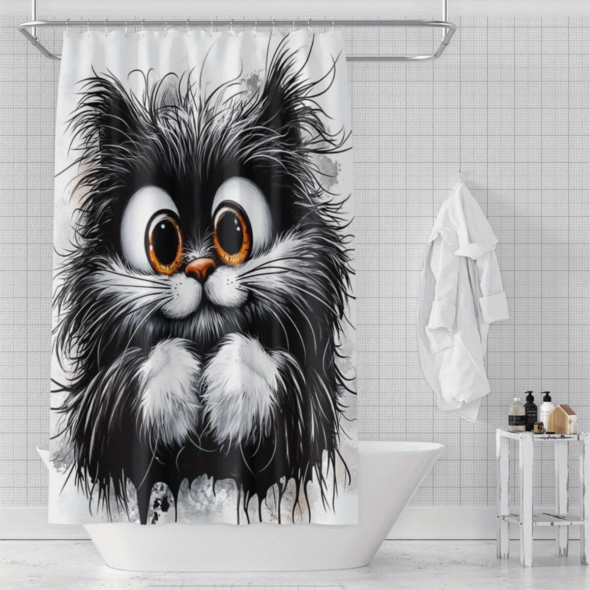 

Милая черно-белая занавеска для душа с котом, пушистое котенка, художественный мультяшный дизайн, декор для любителей домашних животных, водонепроницаемая тканевая занавеска для ванной, комплект для дома