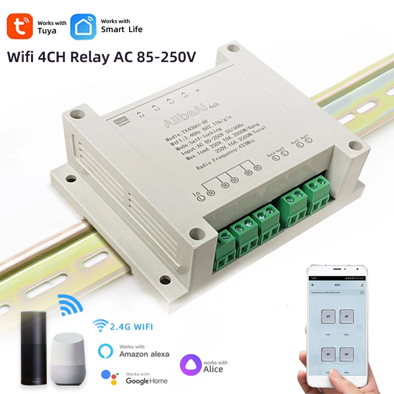 Tuya WIFI Smart Home Light Switch Module,4CH Universal Breaker,110V 220V,4 Channel Relay,Alexa Google Alice RF433 Remote Control