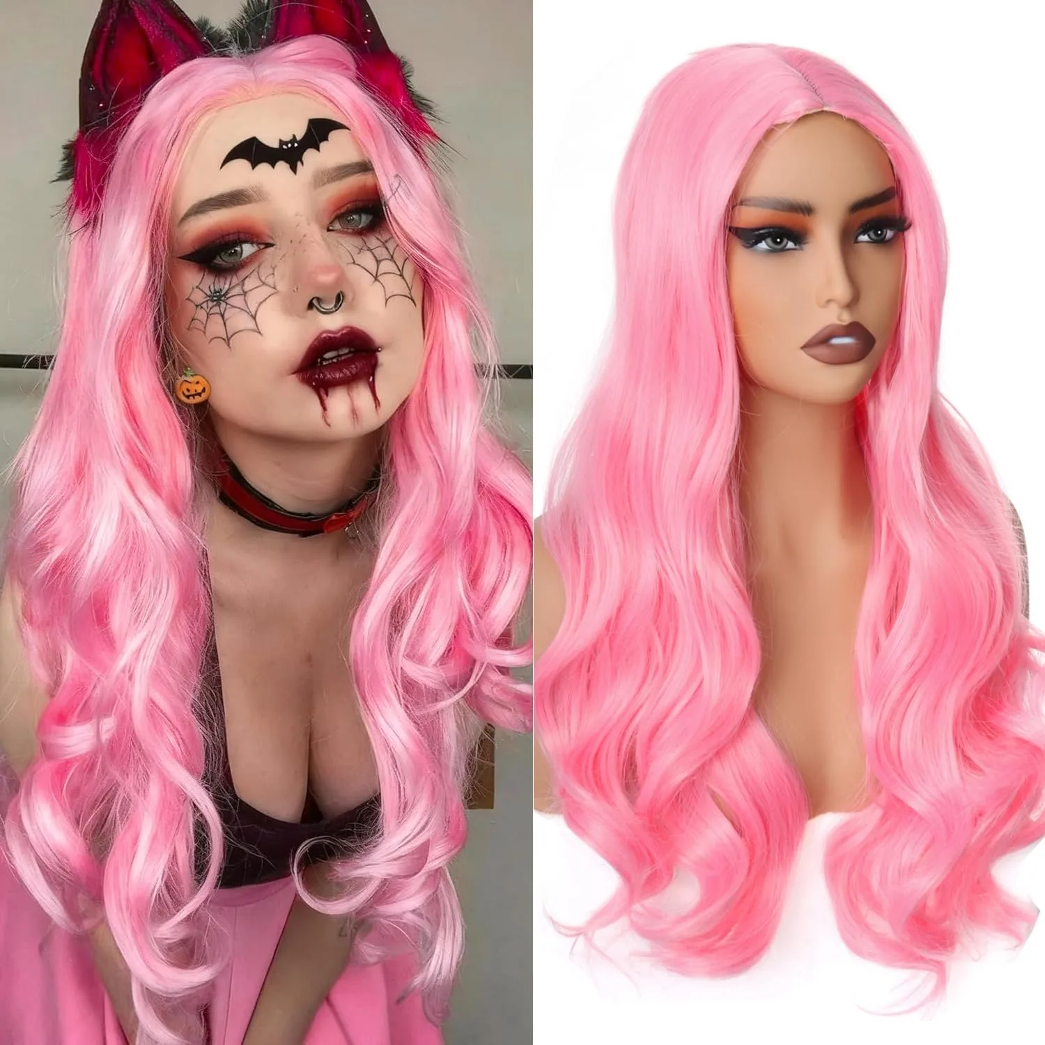 Pink synthetic wig, big wave wig, Halloween wig, cosplay wig, character play party, hot weather hair accessory set