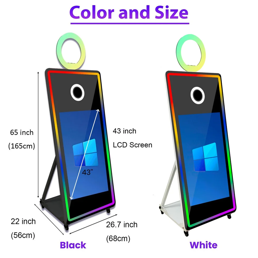 Portable 65 inch Mirror Photo Booth Selfie Photobooth with 43 inch Touch Screen Magic Mirror Photobooth Machine for Party Rental