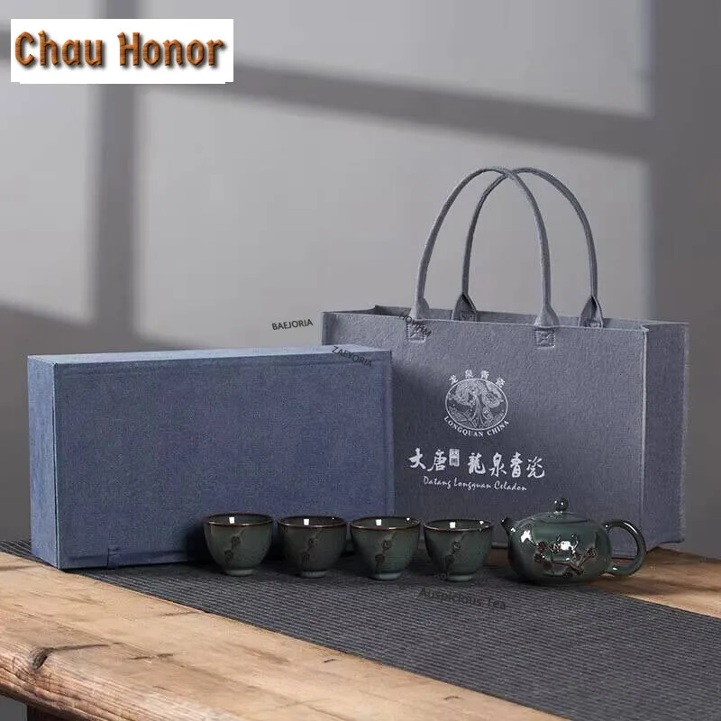 Creative Longquan Celadon Ge Kiln Ice Cracked Tea Set Complete Set  Tea Ceremony Set Teapot and Tea Cup Set Tableware Collection