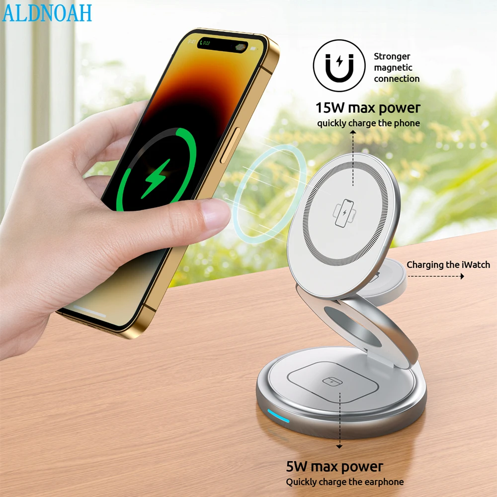 

ALDNOAH Metal 3 in 1 Wireless Charger Foldable Stand for iPhone 12/13//14/15 ProMax 15W Magnetic Charging for iWatch9/AirPodsPro