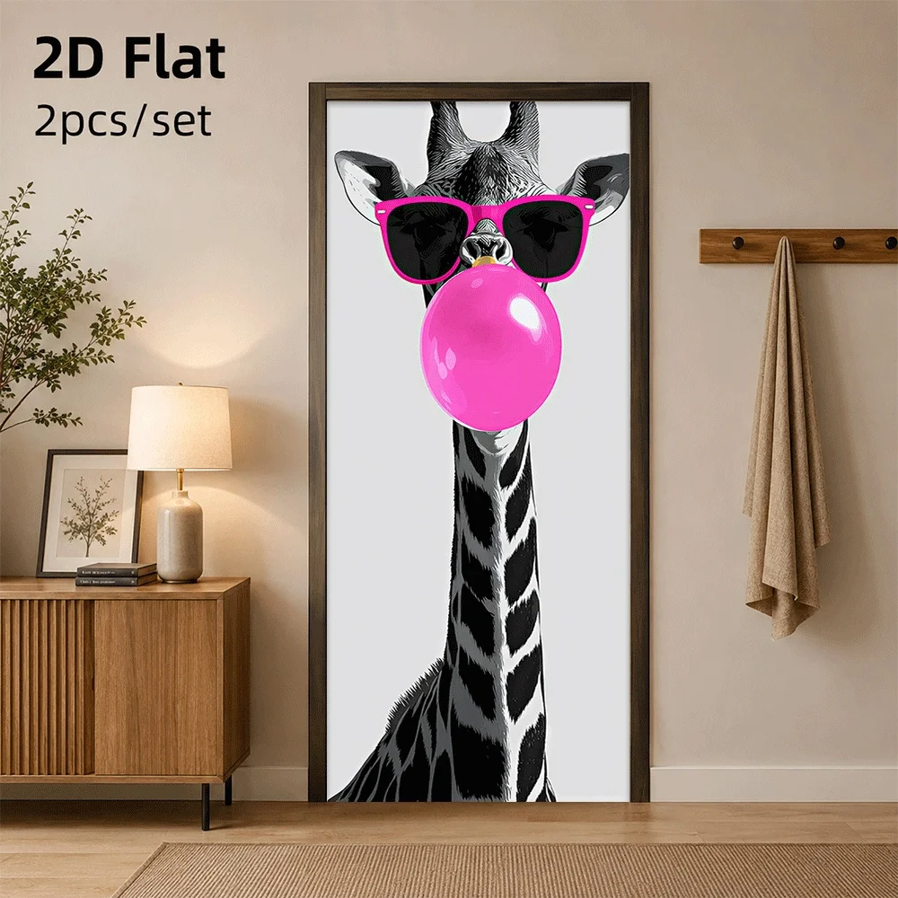1 piece of funny giraffe door sticker, fashionable pink sunglasses bubble design, 2D flat