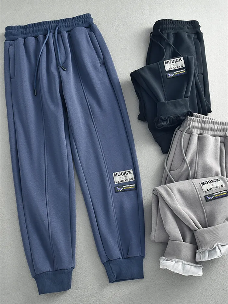 Inverno novo americano retro engrossado veludo tornozelo-amarrado sweatpants simples elástico na cintura com cordão esportes casuais calças soltas