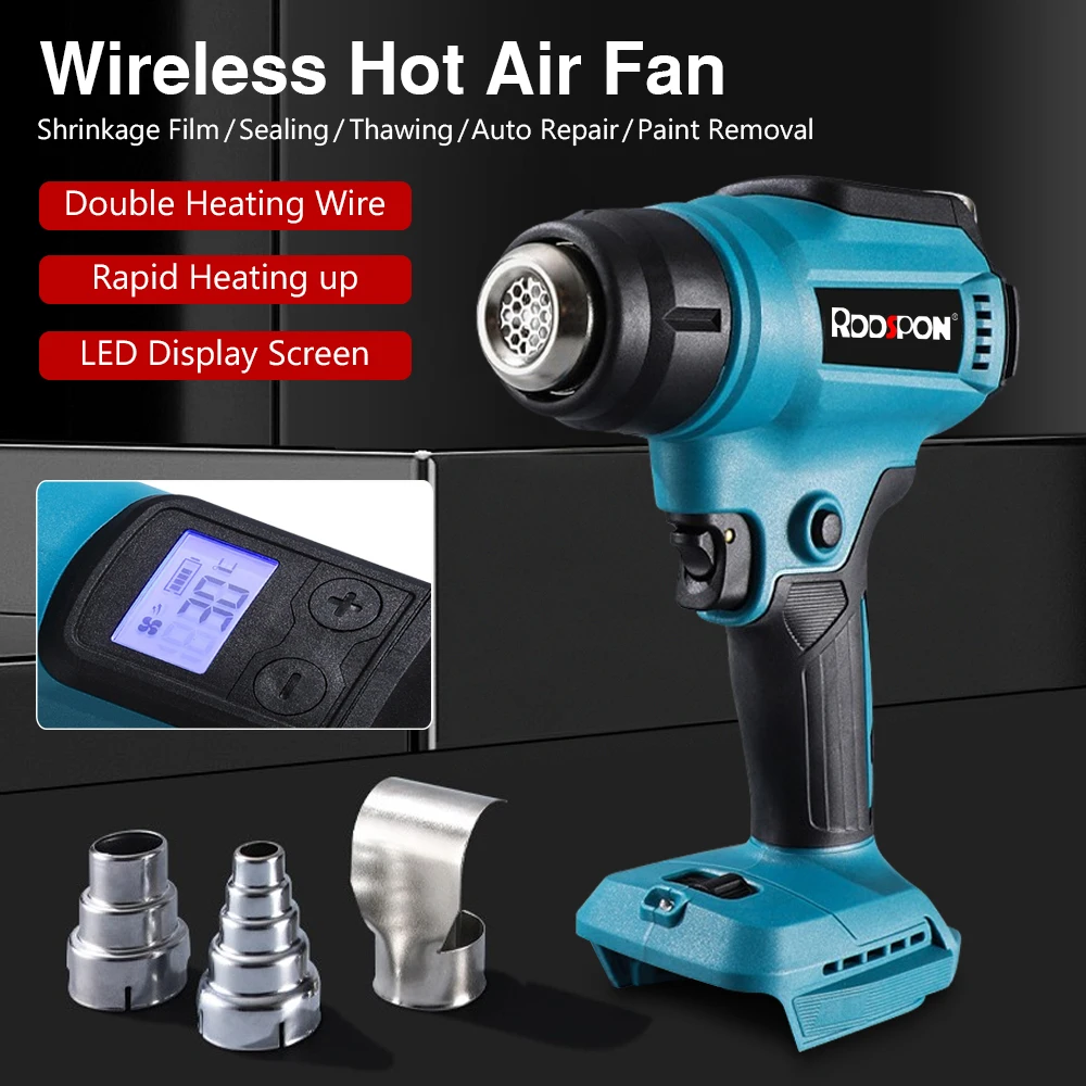 2000W 550℃ Cordless Heat Gun with 3 Nozzle & LCD Digital Display Shrink Wrapping Hot Air Gun for Makita 18V Battery (No Battery)