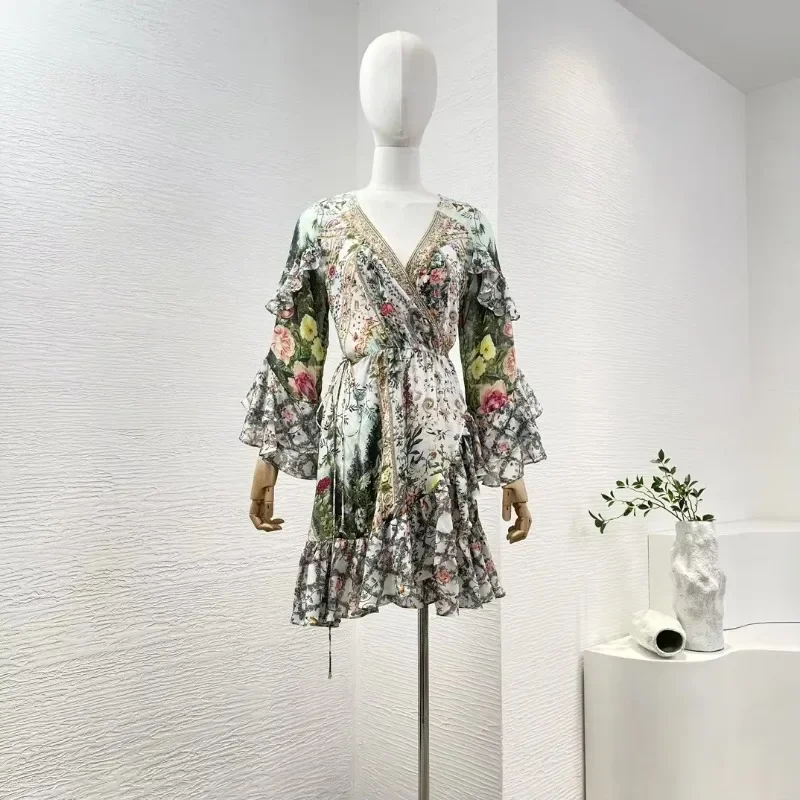 Green Silk Floral Print Self Tie Belt At Waist Long Sleeve Backless Wrap Mini Dress for Women 2024 High Quality