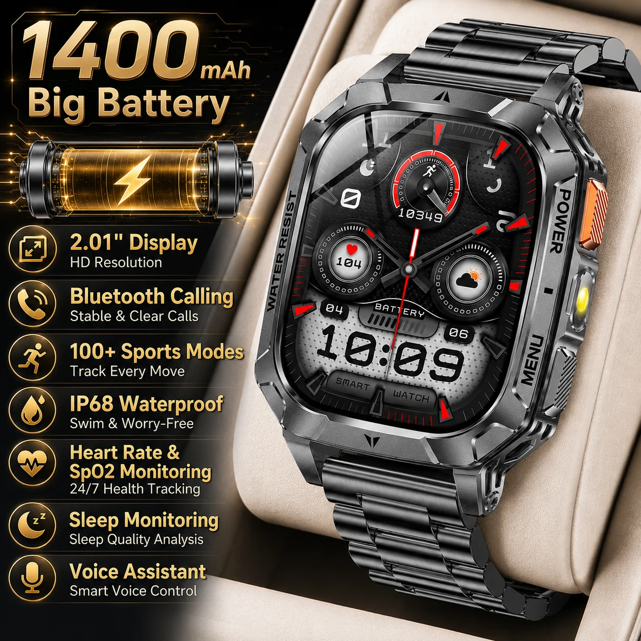 LIGE New 1400 mAh Battery Military Smartwatch IP68 Waterproof Flashlight Health Monitor 100+Sports BT Call 2.01" HD Smart Watch
