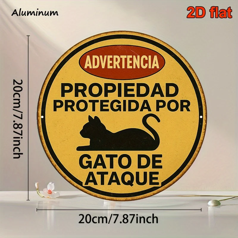 [2D Flat] A Vintage Decorative Sign in Spanish, an 8X8 Inch Round Aluminum Plaque Warning about Cat Attacks, Suitable for Decora