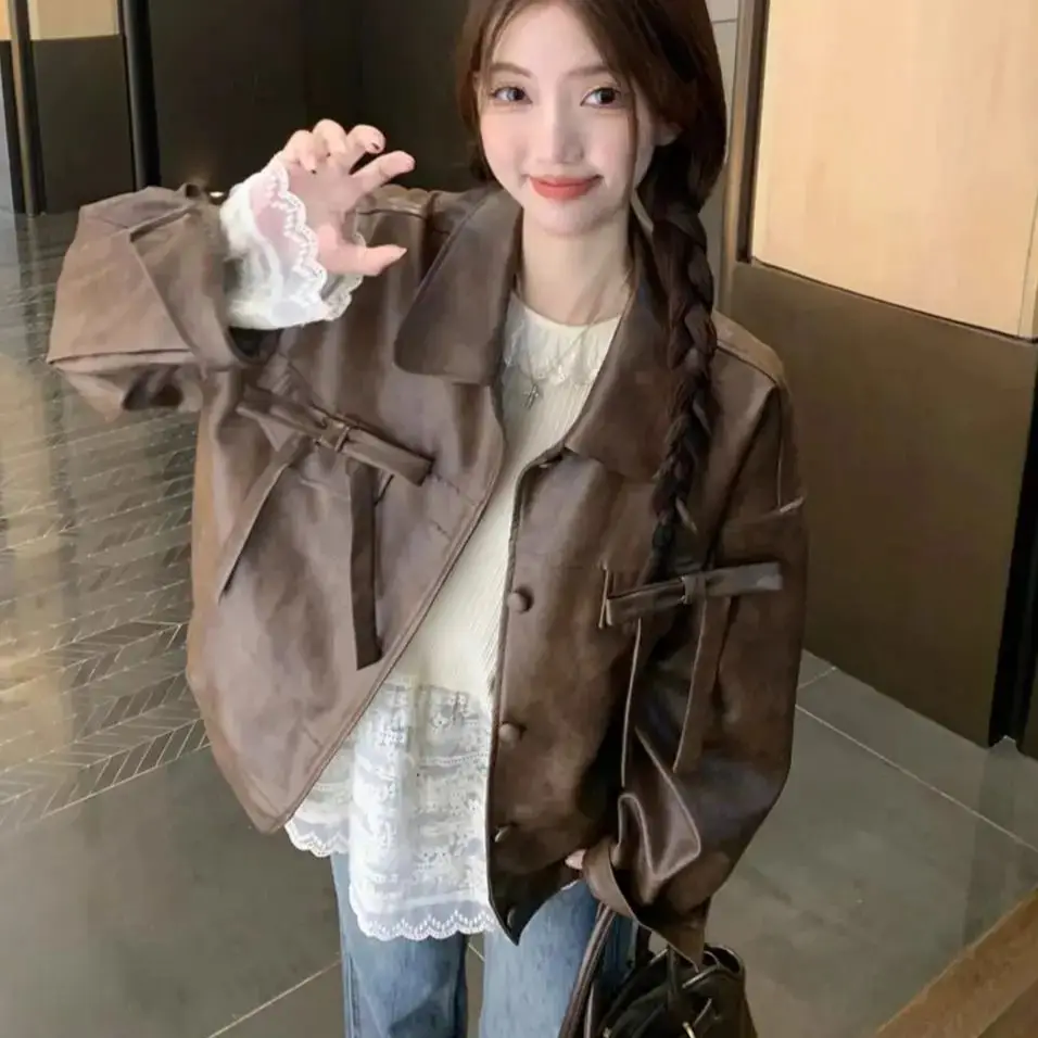 American Retro Bow Lace Up Leather Jacket Women 2026 Spring  Autumn Spicy Girl Casual Loose Coat Classic Lapel Long Sleeved Top