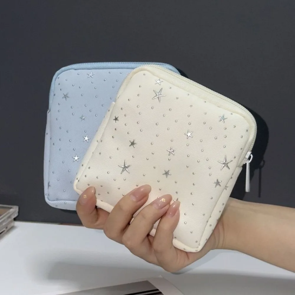 Silver Star Print Sanitary Pad Pouch Zipper Closure Portable Feminine Period Pouch Sanitary Napkin Storage Bag Women Girls