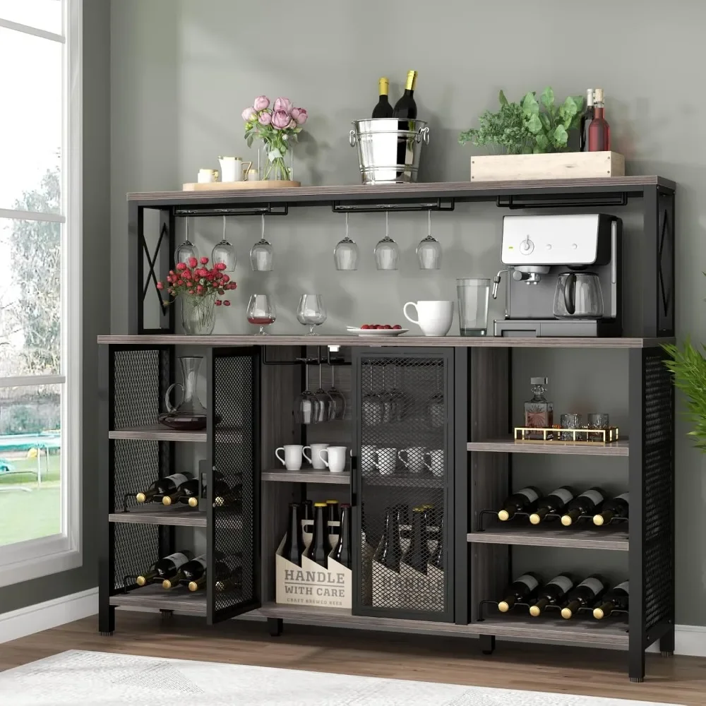 Gabinete para bar de vinos, gabinete para bar de café industrial de 55 pulgadas con estante para vino y soporte para copas, aparador de cocina, gabinete para buffet