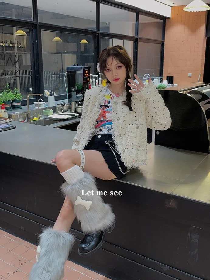 Y2k  Leg Socks Pink Harajuku Subculture 3 Piece Sets Leg Warmers Rivet Belt Plush Knit Socks Japanese Style Leg Covers