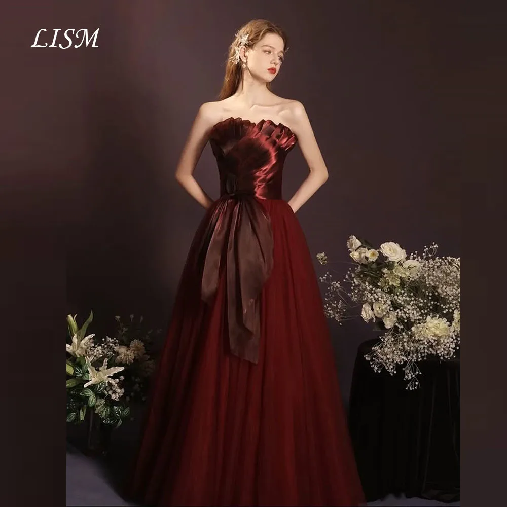 

LISM Wine Red A-Line Evening Dresses Silk Satin Customized Prom Gowns Elegant Party Dresses robe de soirée Zipper Back