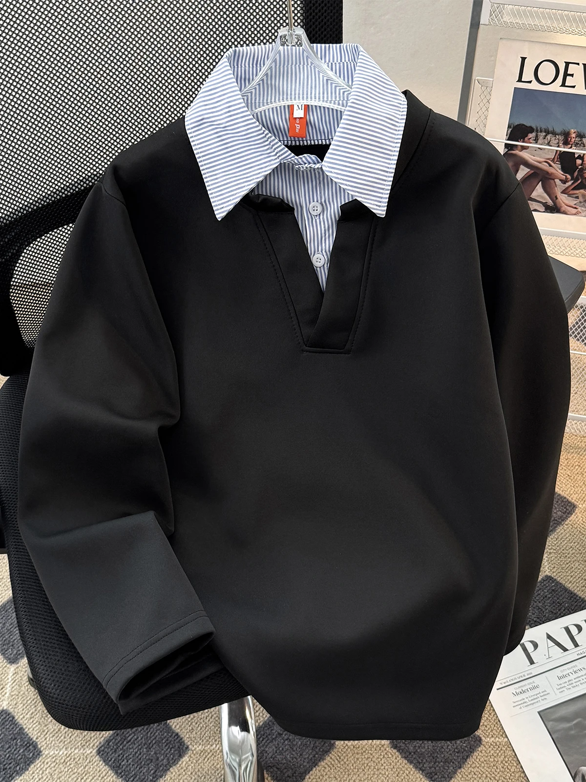 Autumn Men Fake Two Pieces Top Fashion Striped Lapel Splicing Sweatshirt Korean Casual Loose Male Long Sleeve Pullover Tops