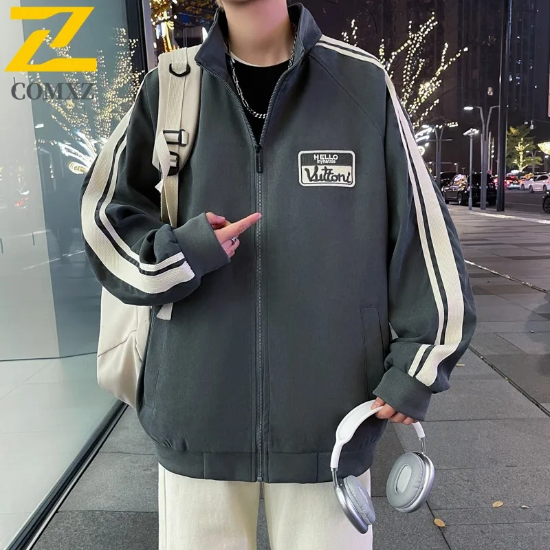 

COMXZ Spring New Jacket Men Casual Fashion Versatile Trend Loose Stand Collar Embroidery Mens Wear Coat lightweight windbreaker