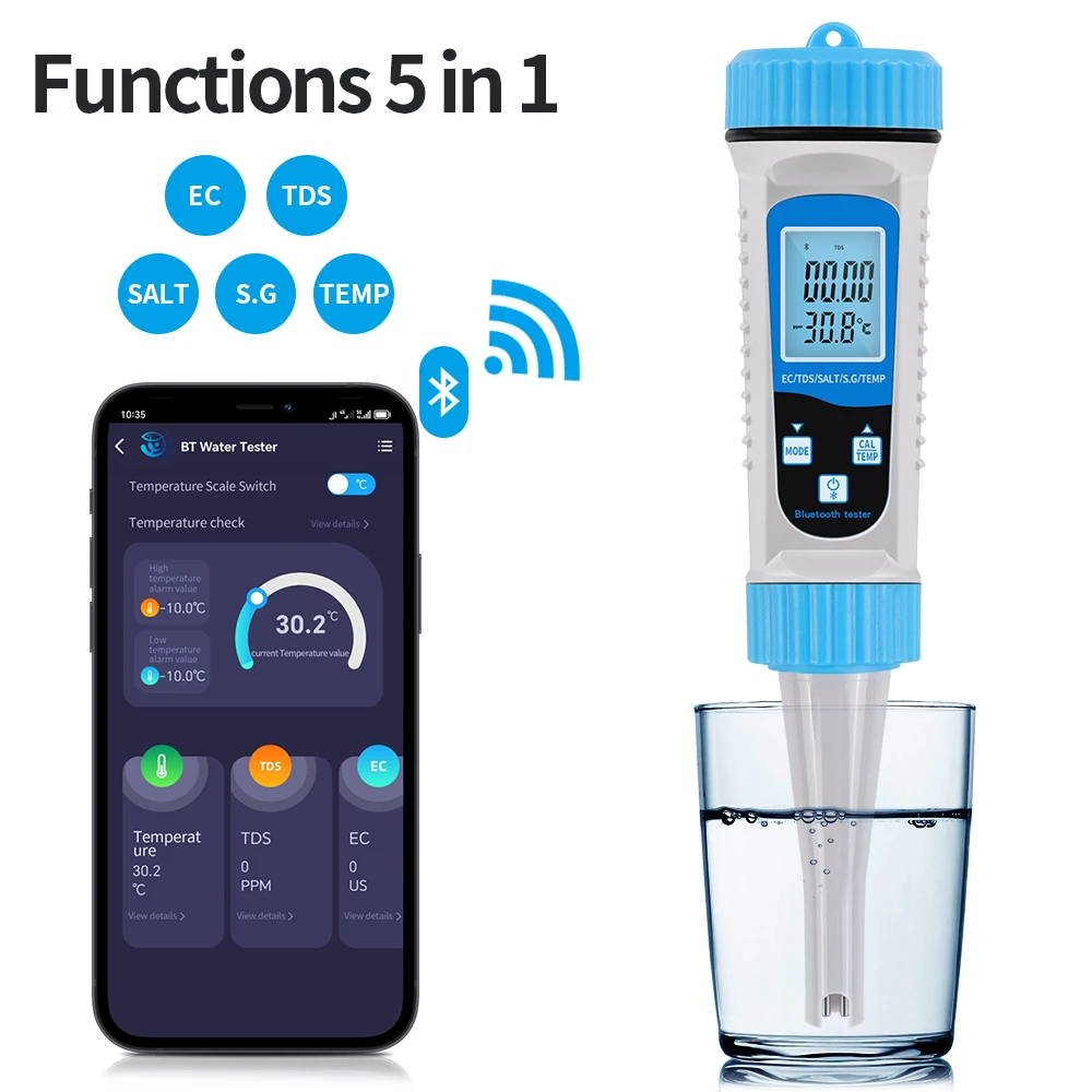 Testeur intelligent de la qualité de l'eau, testeur de PH, eau, eau, eau, eau précieuse, eau, eau, eau, eau, eau, eau, eau, eau, eau, eau, eau précieuse, EC, TDS, contrôle, température, 5 en 1