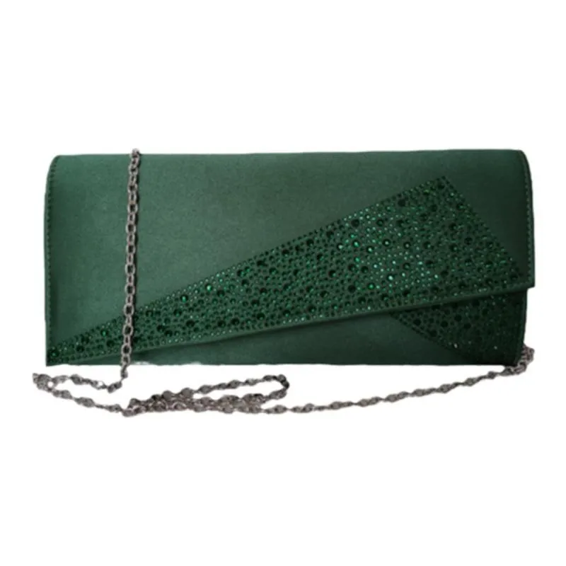 Retro Elegant Blackish Green Crystal Evening Bags Silver Color Chain Shoulder Bag Wedding Party Small Clutches For Women Handbag