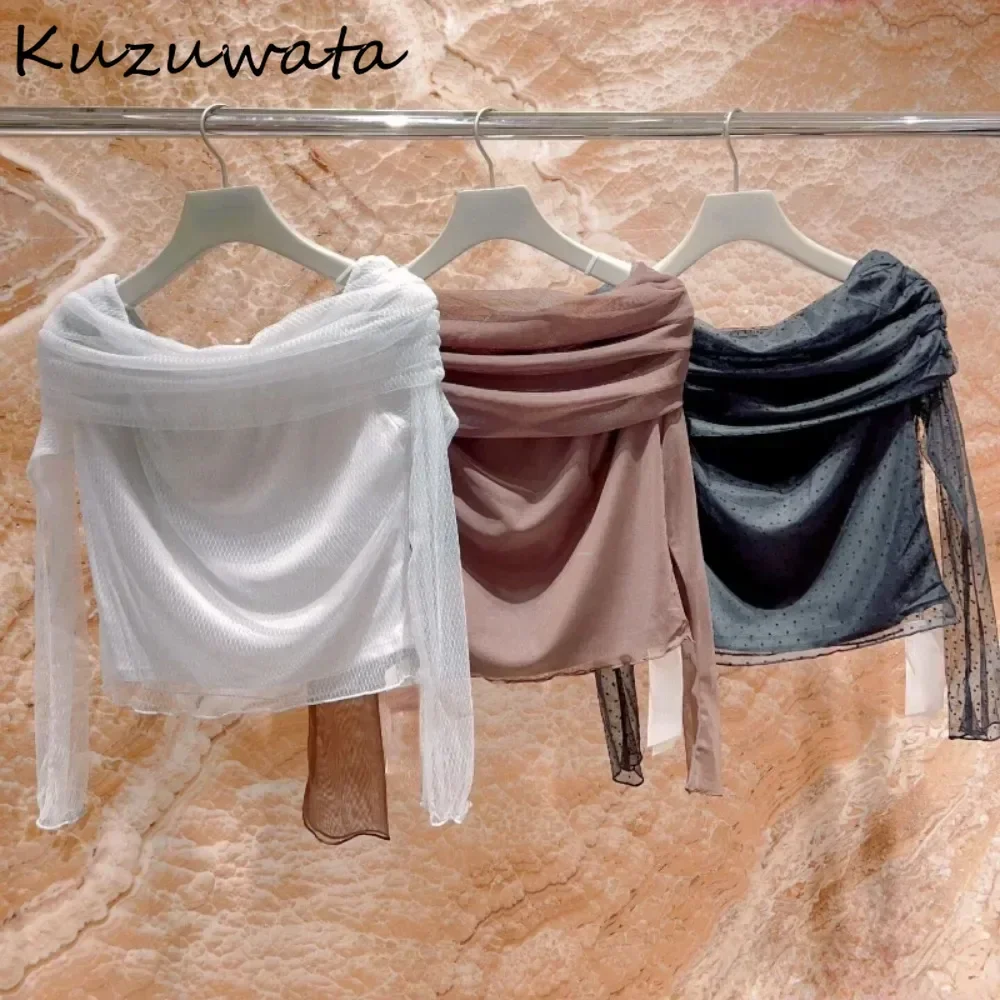 Kuzuwata Irregular Vintage Slash Neck Long Sleeve Women Clothing Voile All-match Off Shoulder Dot Shirt Japan Sweet New Mujer