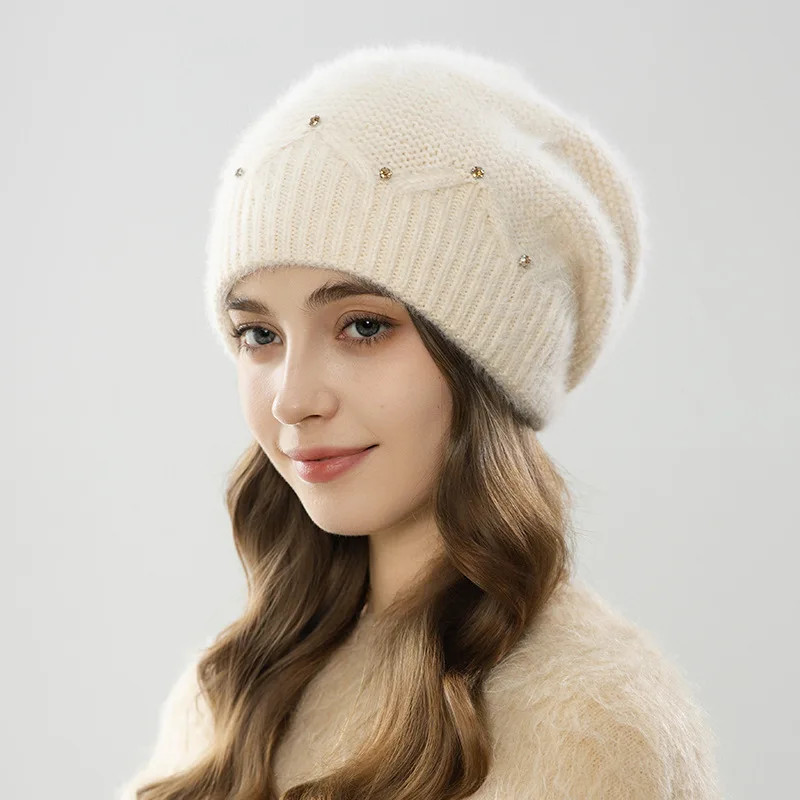 الأنجورا قبعة المرأة الشتاء متماسكة قبعة حجر الراين طبقات مزدوجة عارضة الدافئة التبعي للخريف في الهواء الطلق الرياضة الطقس البارد