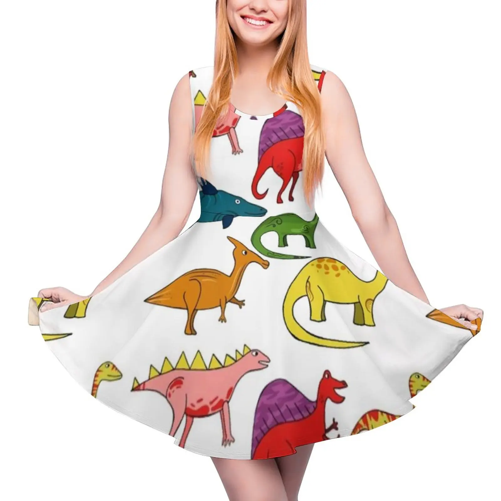 Cartoon Dinosaurs Dress Dinosaur Pattern Collection Kawaii Dresses High Waist Aesthetic Skate Dress Summer Lady Oversize Vestido