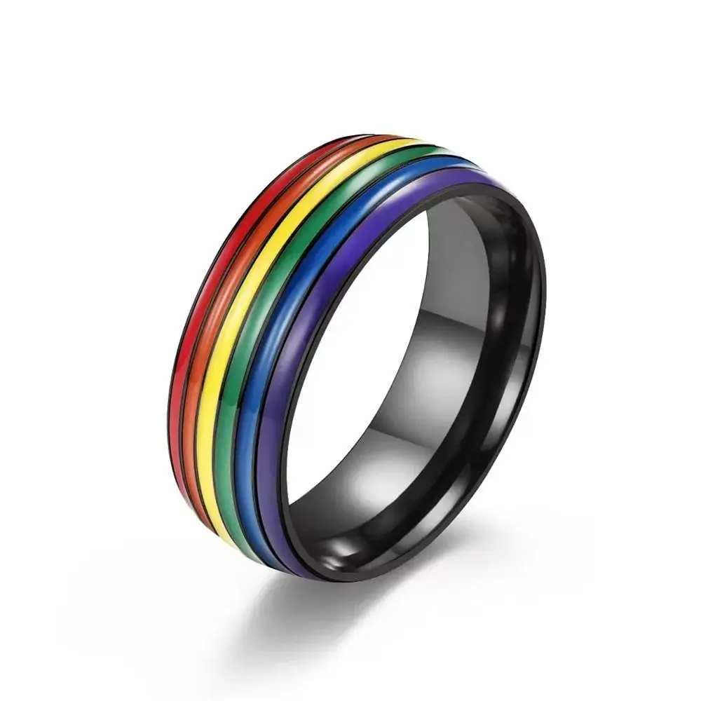 Stainless Steel Multicolour Rainbow Rings Enamel Rainbow Stripe Unisex Couple Rings Thick Wide Flat Finger Knuckle Bands Woman