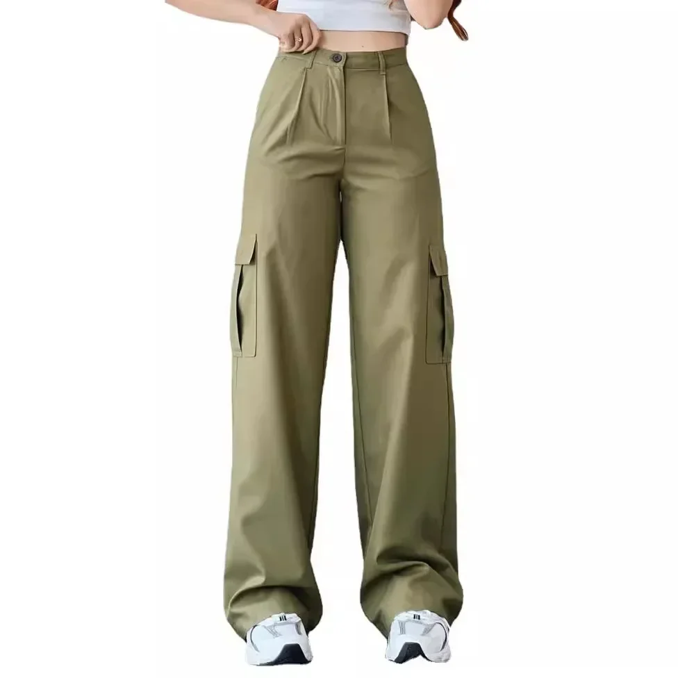 Women Pants Wide Leg Pants Zipper Fly Slim Fit Flat High Streetwear Pockets Mid Waist Autumn 2024 Ankle Length Solid Color