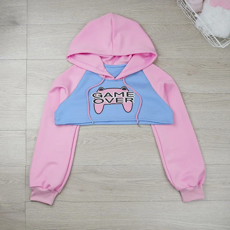 Cute Long Sleeve Crop Top Hoodie Pink Blue Matching Style Girls Student Outfit for Cosplay Nightgown view 6
