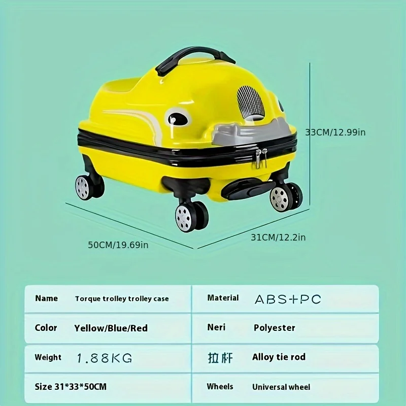 Детский чемодан с 20-дюймовым автомобилем и вращающимися колесами, вместимость 88,18 фунтов, корпус ПК из АБС-пластика, железная ручка, застежка-молния