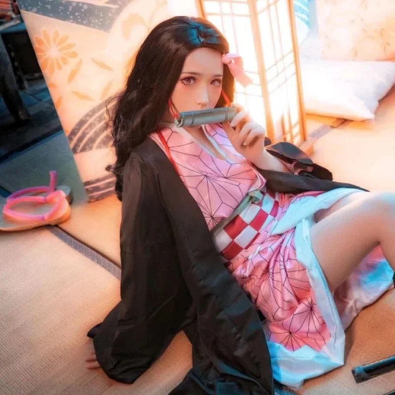 أنيمي شيطان القاتل كيميتسو نو يابا كامادو Nezuko تأثيري حلي شعر مستعار Nezuko كيمونو هالوين أزياء تنكرية للنساء الفتيات #5