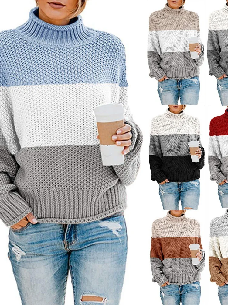 

Autumn Winter Knitted Sweater High Ne Long Sve Color Blo Thi Yarn Women's Faion Commute Sle Loose Fit Crew Ne