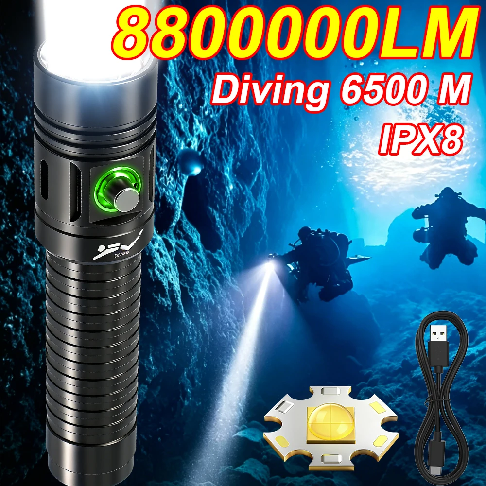 

8800000LM High Power Diving Flashlight Underwater Diving Torch Waterproof Portable Diving Flashlight Survival Fishing Flashlight