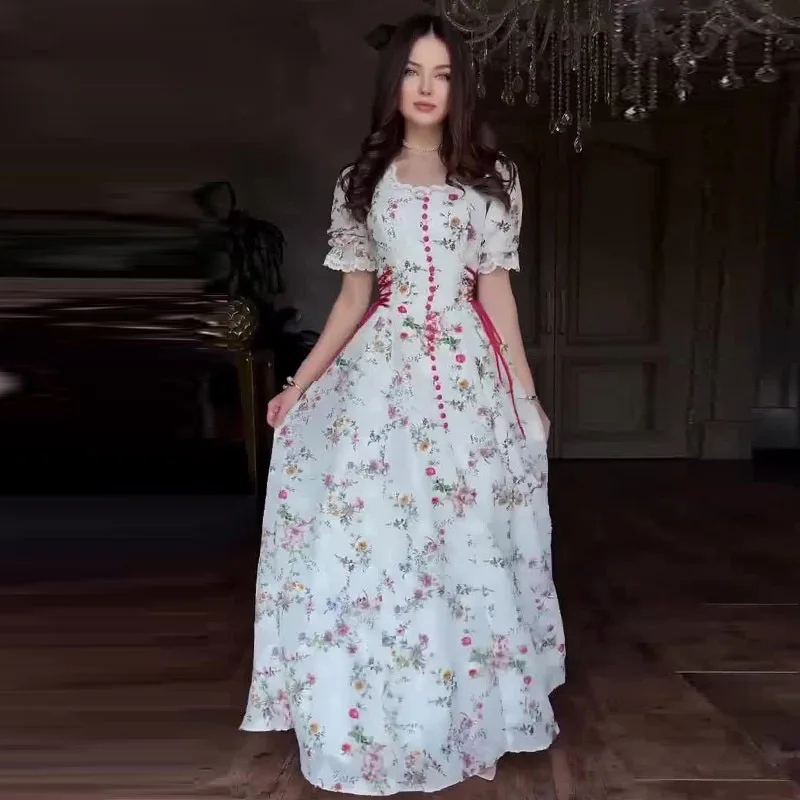 Verão 2025 novo design transfronteiriço u-ne renda floral impressão longa dr feminino malha a linha saia Thiened verão dr