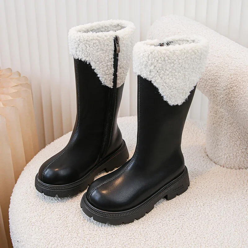 Children High Boots for Girls 2024 Winter New Fashion British Style Soft Bottom Anti-slippery Versatile Leather Shoes with Fur