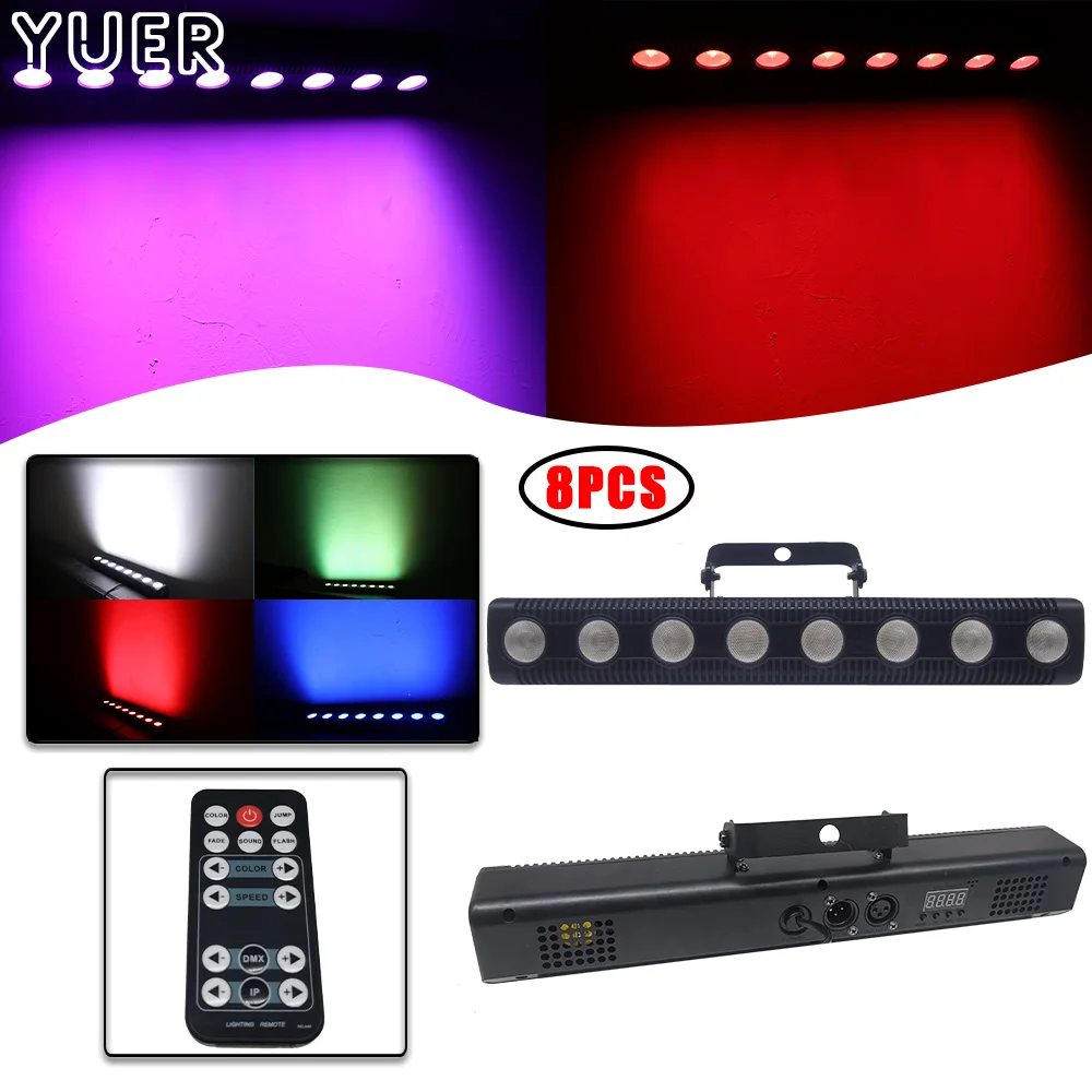 

8Pcs/lot RGBW 8X4W LED Wash Bar Effect Stage Lighting Music Remote Home Party DMX Line Bars Strobe Flash Popular UV Lamp Disco