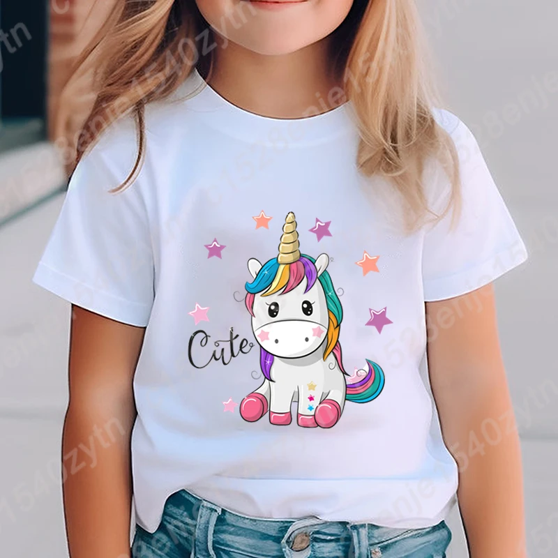 Cute Unicorn Graphic T-Shirt Children Girls Hot Selling Tees Summer Short Sleeve Casual Tee Shirt Personalized Crew Neck T Shirt