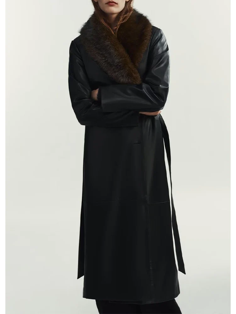 

European-style new women's fashionable and versatile faux fur coat with detachable collar and belt, single-breasted design.