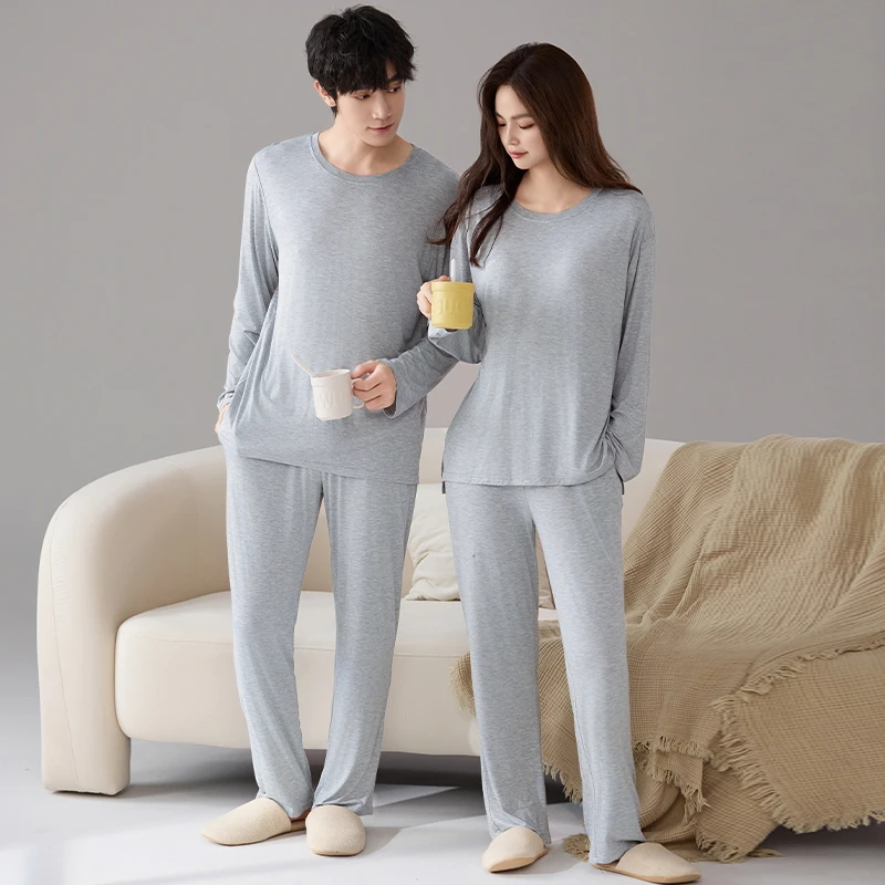 

Newest Spring and Autumn Couple Modal Pajama Set Women Long Sleeve Pyjamas With Chest Pad
