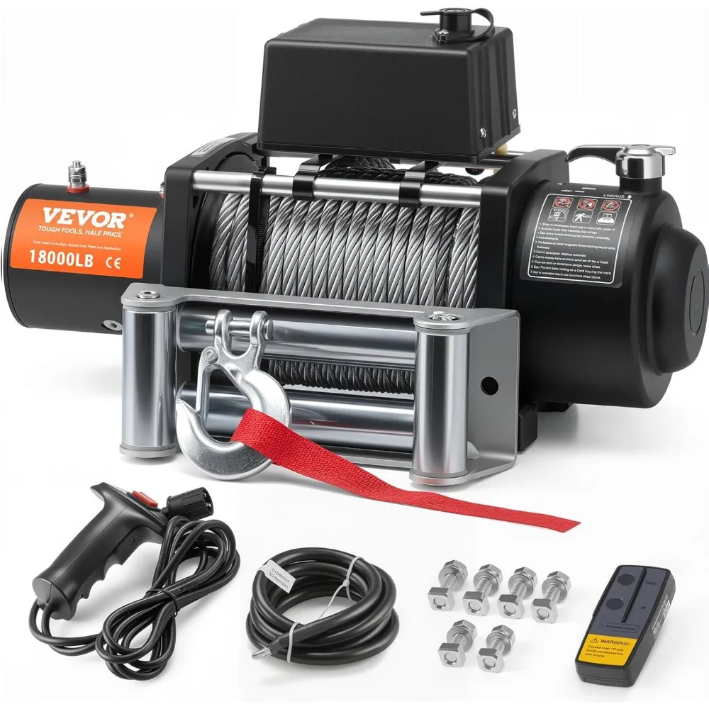 

18,000 lb Capacity Electric Winch for Truck, Trailer, and Jeep with 12V DC, 85 Feet Steel Cable, and Roller Fairlead for Wireles