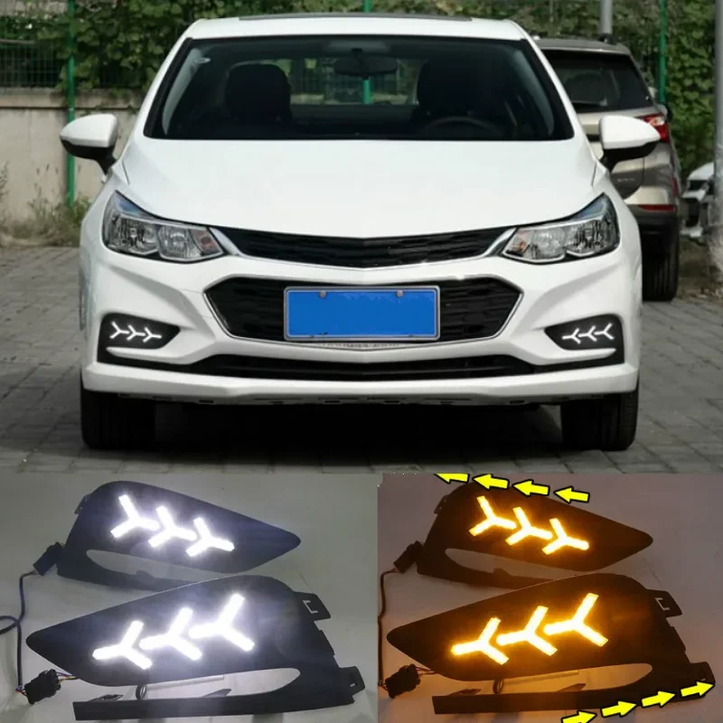 2PCS LED Daytime Running Light For Chevrolet Cruze 2016 2017 2018 Dynamic Yellow Turn Signal Relay Waterproof Car 12V DRL Lamp