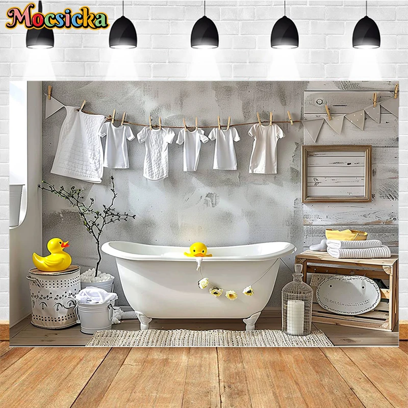 Mocsicka Photography Background Indoor Bathtub Yellow Duck Decor Newborn Shower Kids Portrait Backdrop Photo Studio