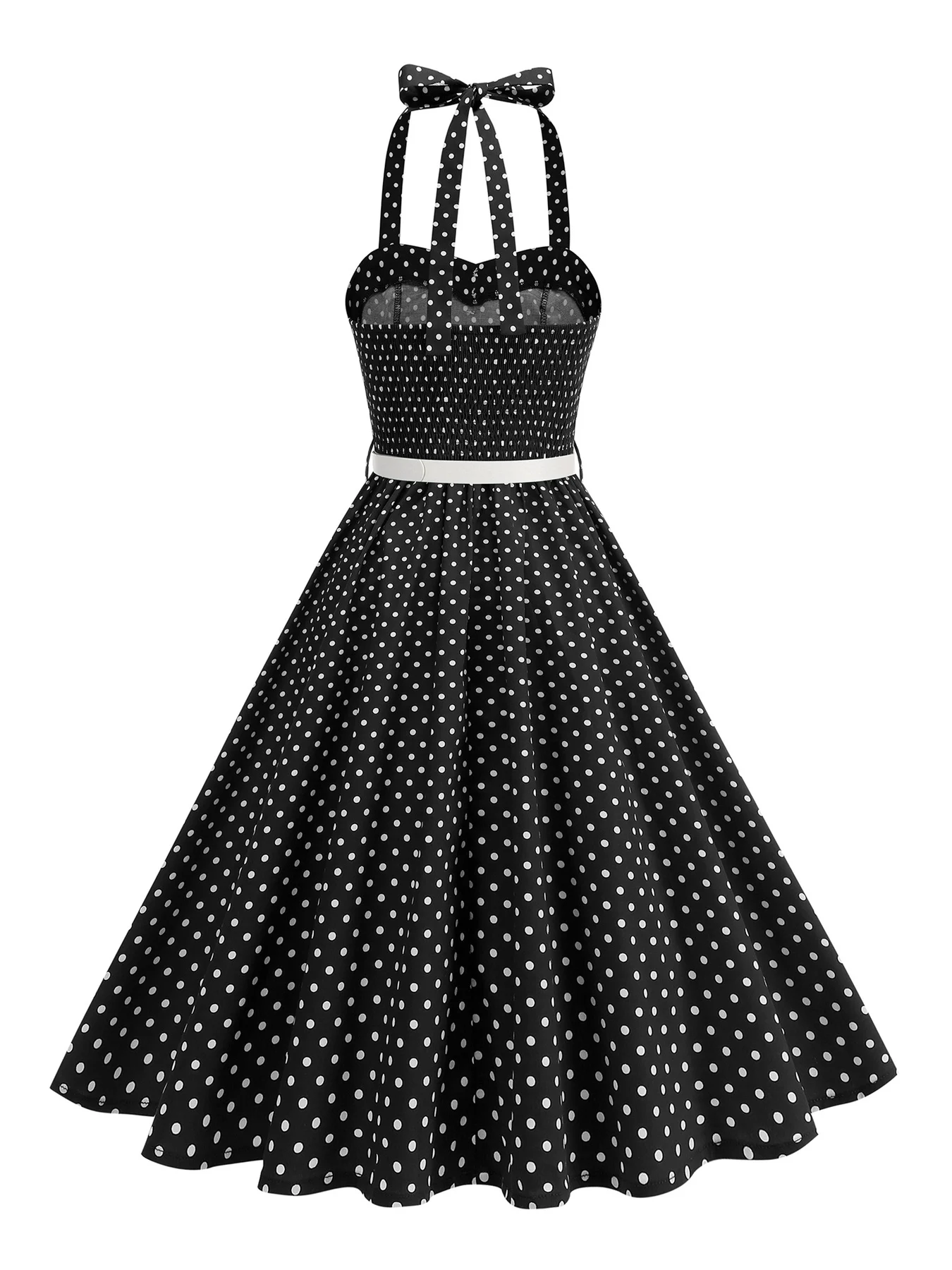 Tonval Halter Neck Polka Dot 1950s Fit and Flare Dresses Women Holiday Vintage Party Prom Shirred Back Belted Backless Dress