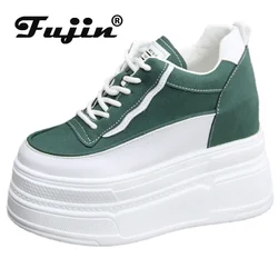 Fujin 10-11CM stivale in vera pelle sintetica caviglia inverno peluche donna autunno primavera Cowboy piattaforma zeppa scarpe di marca alta