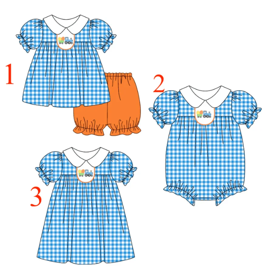 

New Easter egg and car print blue plaid short-sleeved top with white collar and orange shorts boutique set romper and dress